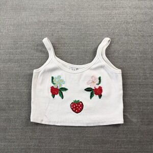 Fiorucci Embroidered Strawberry Cropped Tank Top Womens M‎ White Ribbed Stretch